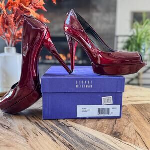 Stuart Weitzman Stage Fire Quasar Patent Leather Peep-Toe Platform Pump, M9.0